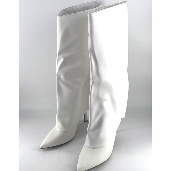 IDIFU Womens White Knee Fold Over Shark Boots Size 9.5 Stiletto Heel Pointed Toe - Picture 1 of 12